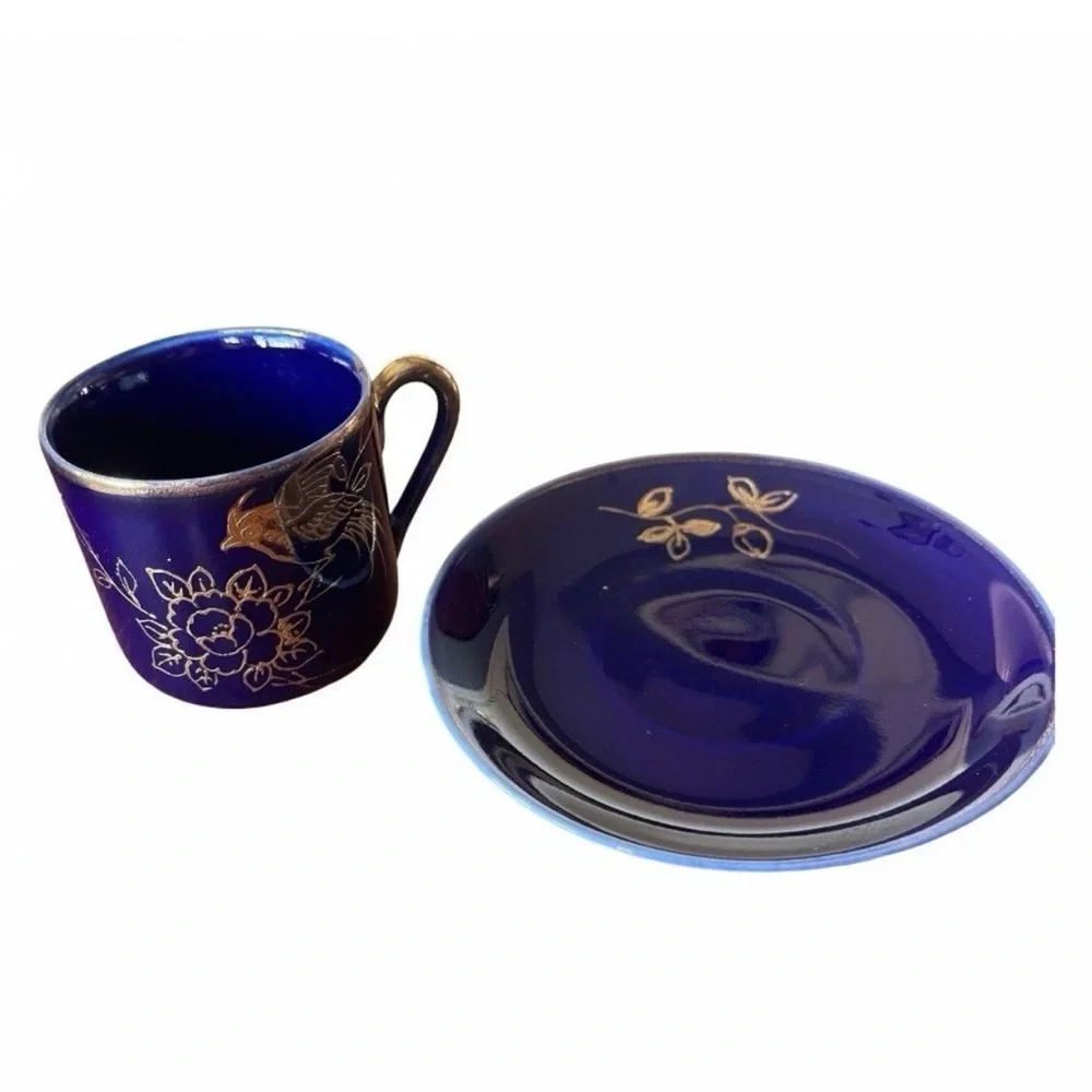 Chikaramachi Noritake Cobalt Blue Gold Bird Coffee Pot Cup Saucer Japan Vtg 40s